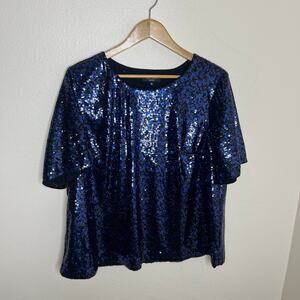 New Look Inspire Blue Black Sequin Top UK 20, US 16